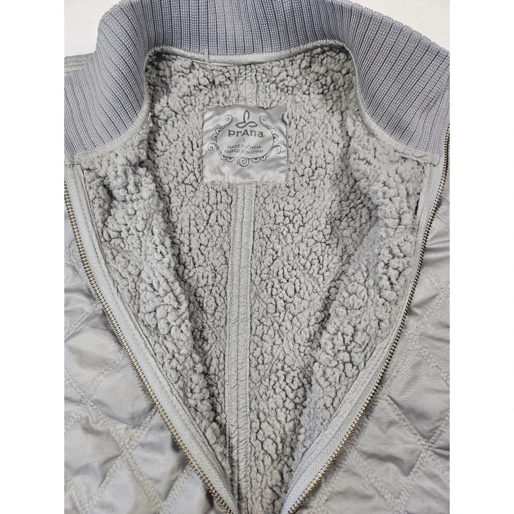 Prana Womens Quilted‎ Vest Grey Silver Full Zip Sherpa Lined Ribbed Knit Large